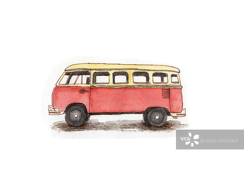 手绘钢笔淡彩复古客车汽车素材插画图片素材