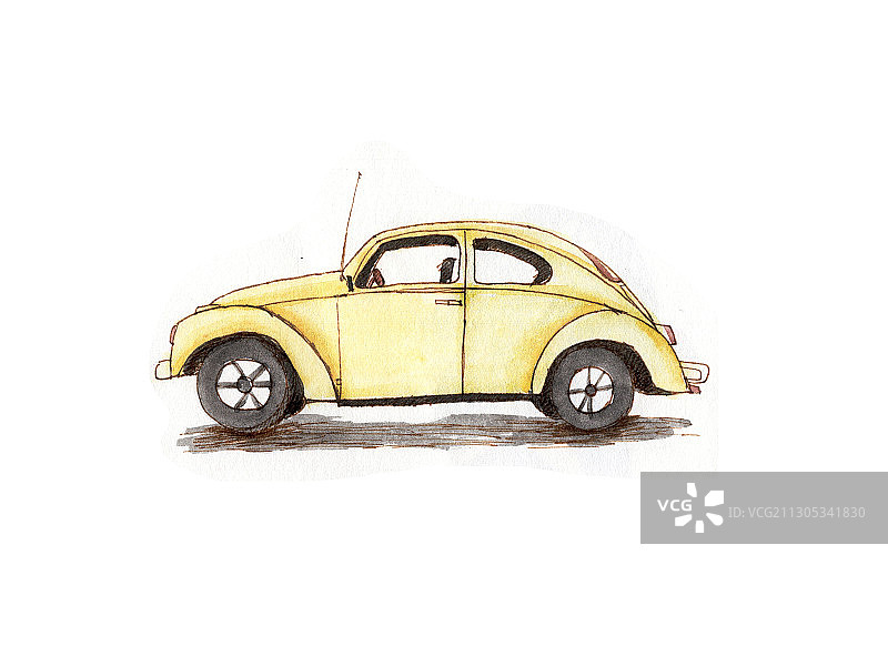 手绘钢笔淡彩复古甲壳虫汽车素材插画图片素材