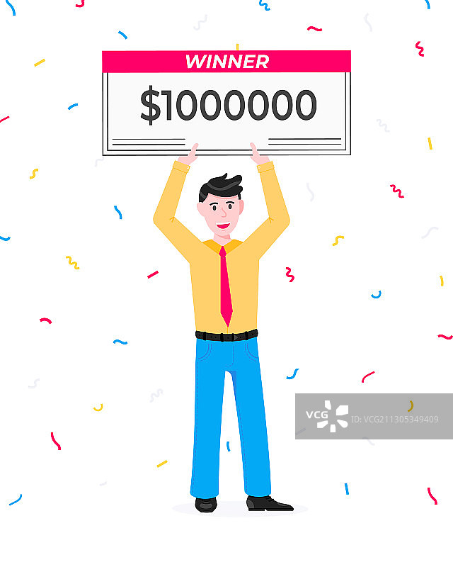 快乐的彩票中奖者，手持巨额奖金支票图片素材