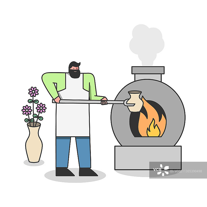 男人将陶罐放入窑炉中烧制图片素材