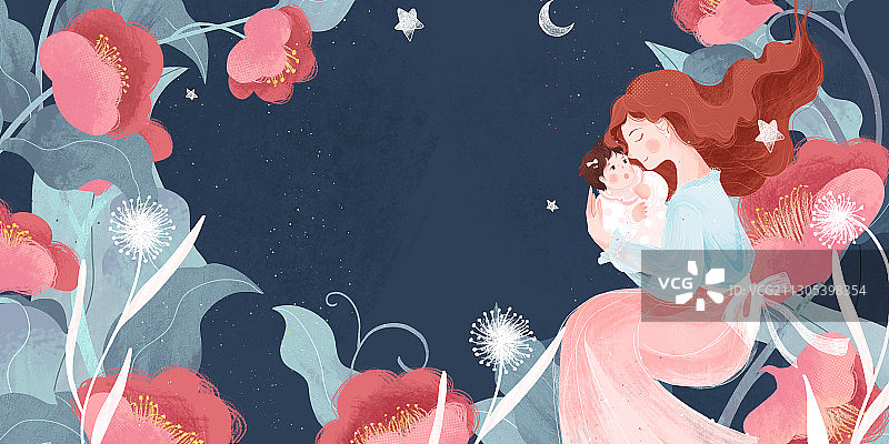 母亲节花丛中怀抱孩子的长发母亲插画图片素材