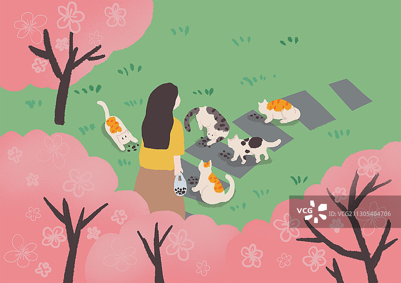 春天樱花树下喂流浪猫的女人图片素材