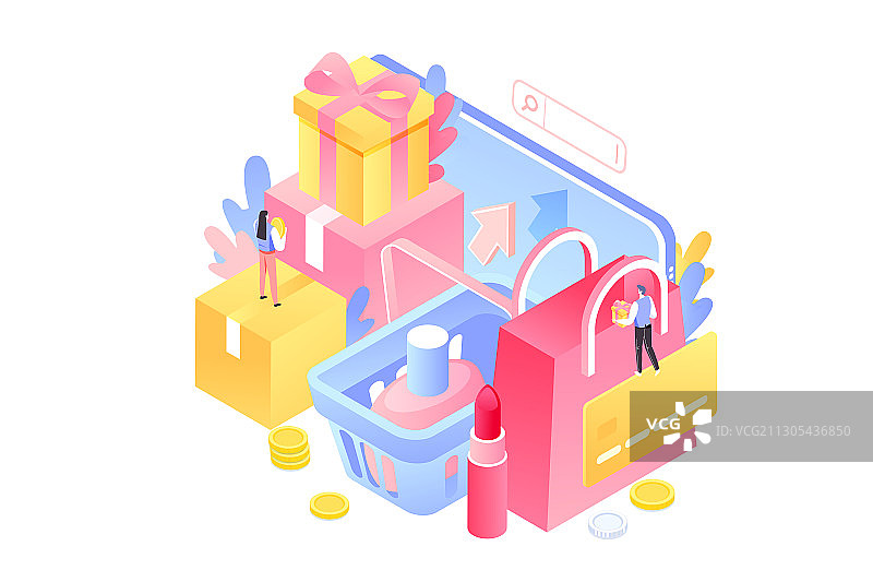 卡通2.5d等距立体购物节年终大促网购消费券邀请好友矢量插画图片素材