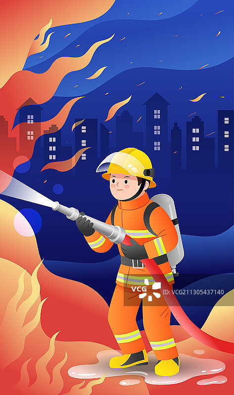 一个拿着高压水枪灭火的消防员插画图片素材