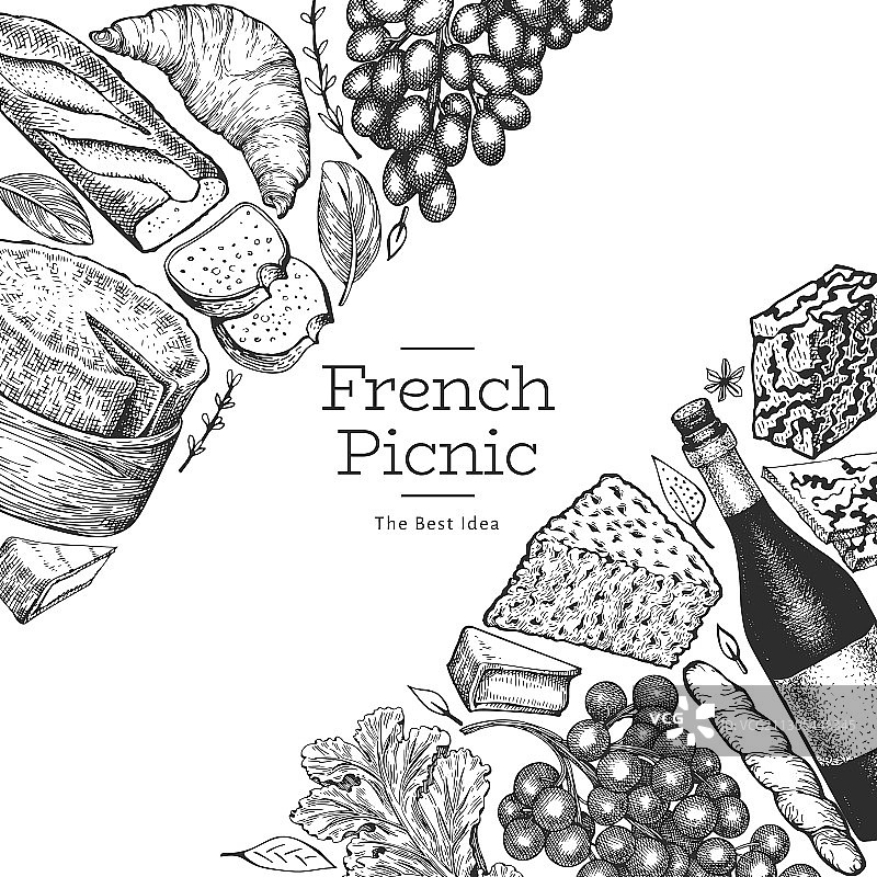 手绘野餐法式美食设计模板图片素材