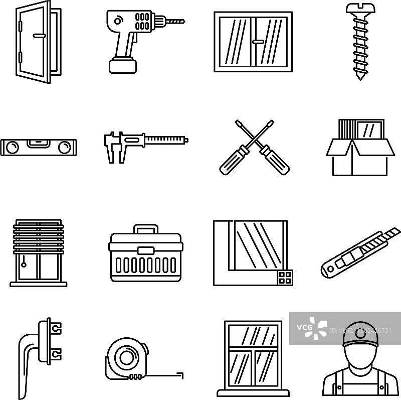 家庭窗户安装图标集轮廓样式图片素材