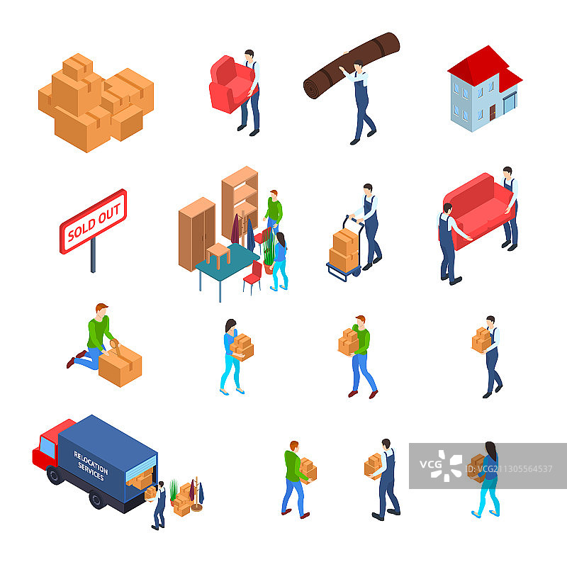 搬迁和送货图标集2.5D等距视图图片素材