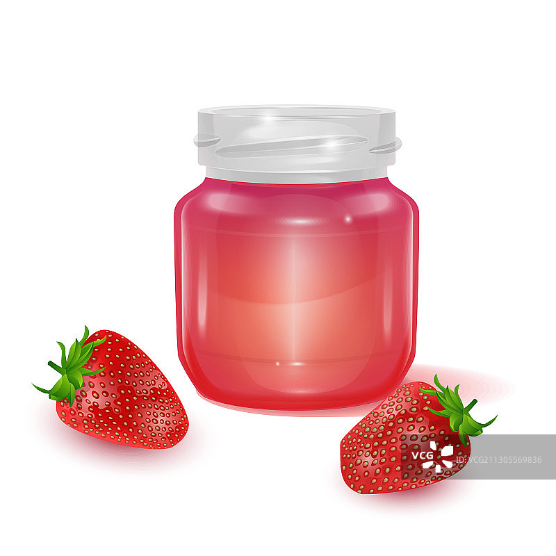 浅色背景下的玻璃罐装草莓酱图片素材