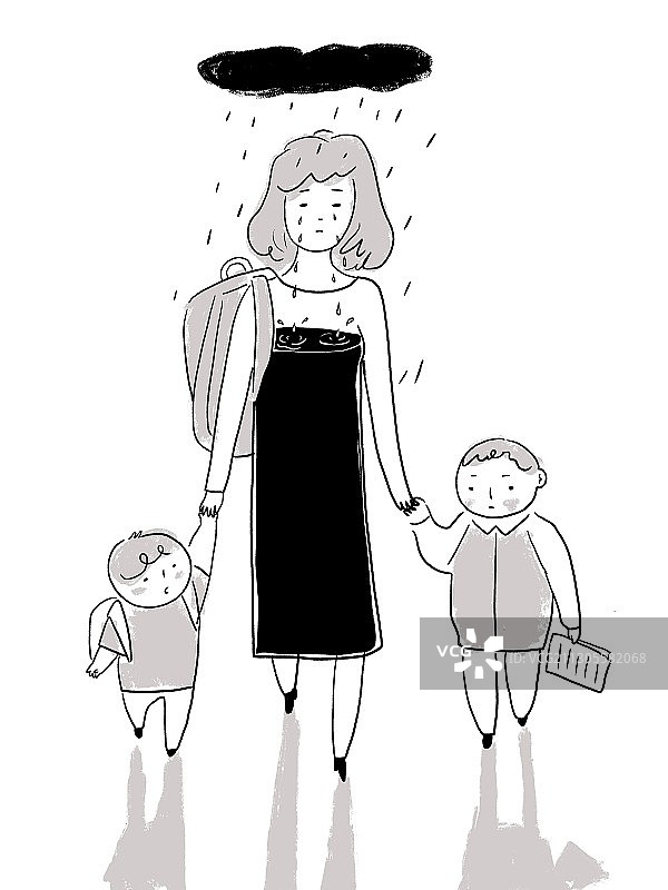 丧偶式育儿母亲带着两个孩子图片素材