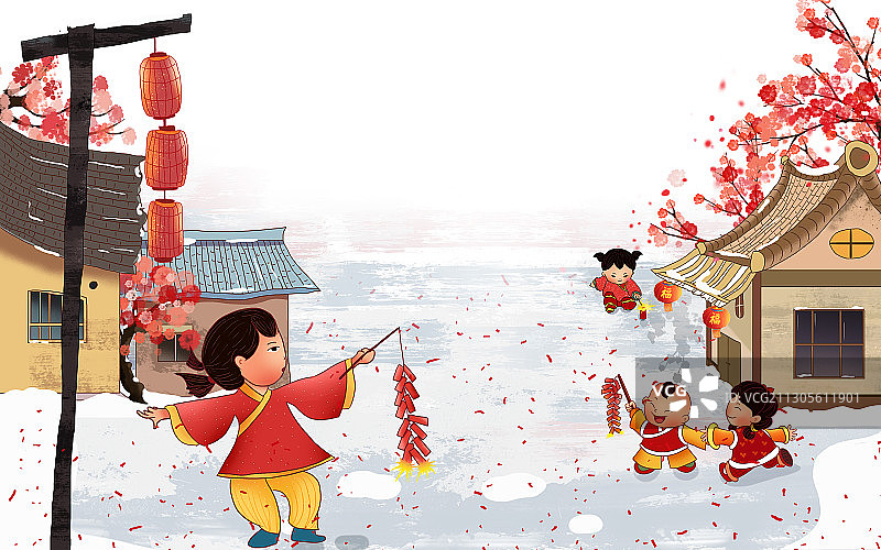 2021牛年春节年画一群孩子欢愉的放鞭炮图片素材