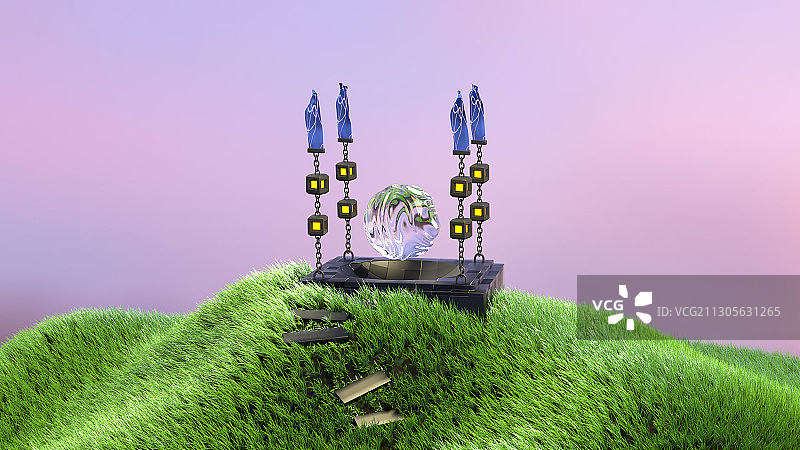山丘草坪上有透明水滴的奇幻3d场景图片素材