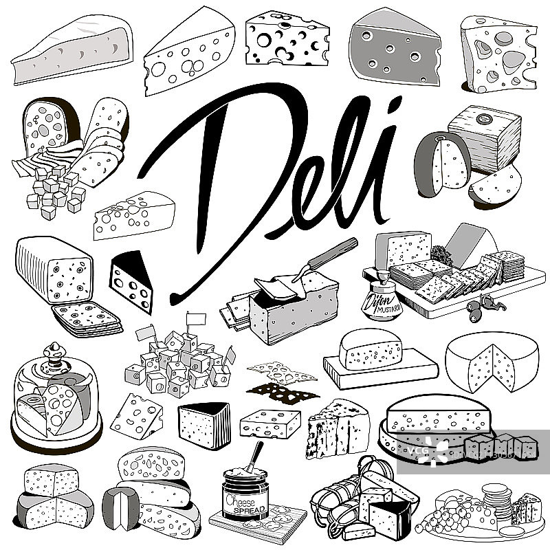 手绘奶酪制品速写套装图片素材