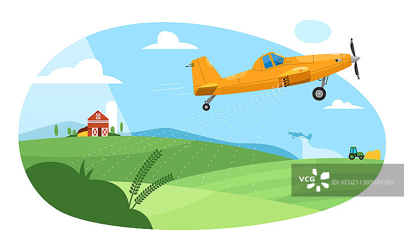 农用飞机在农场上空喷洒图片素材