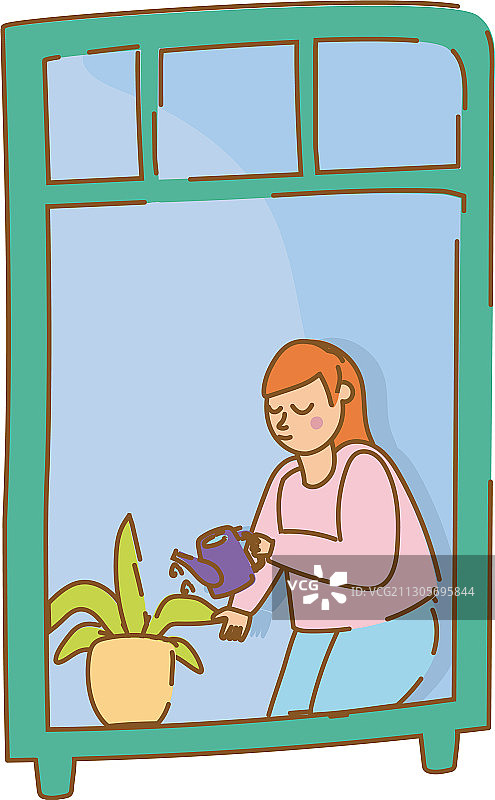 女人在公寓窗户边照料室内植物图片素材