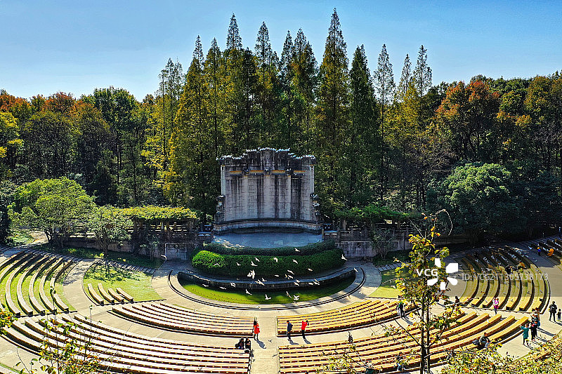南京音乐台景区内飞翔的白鸽图片素材