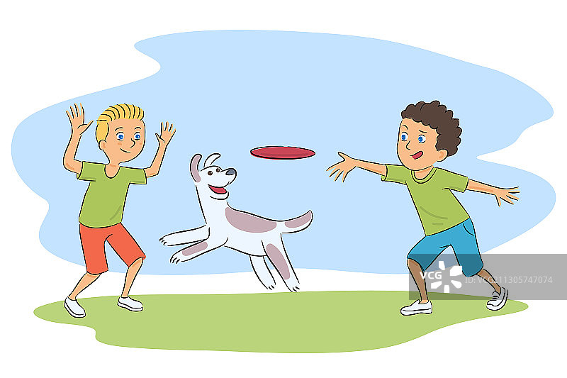 男孩和小狗玩飞盘卡通图片素材