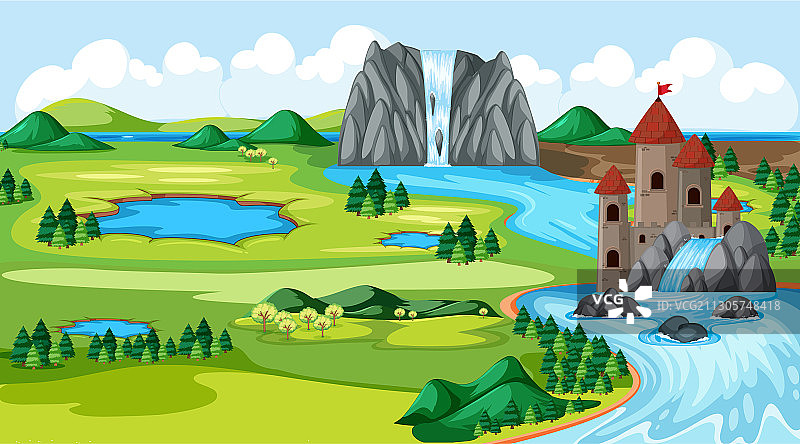 城堡与自然公园的瀑布河流图片素材