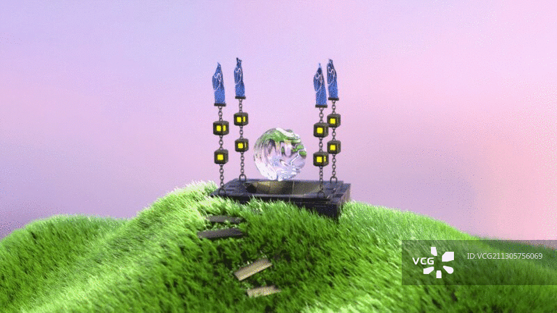 山丘草坪上有透明水滴的奇幻3d动态场景图片素材