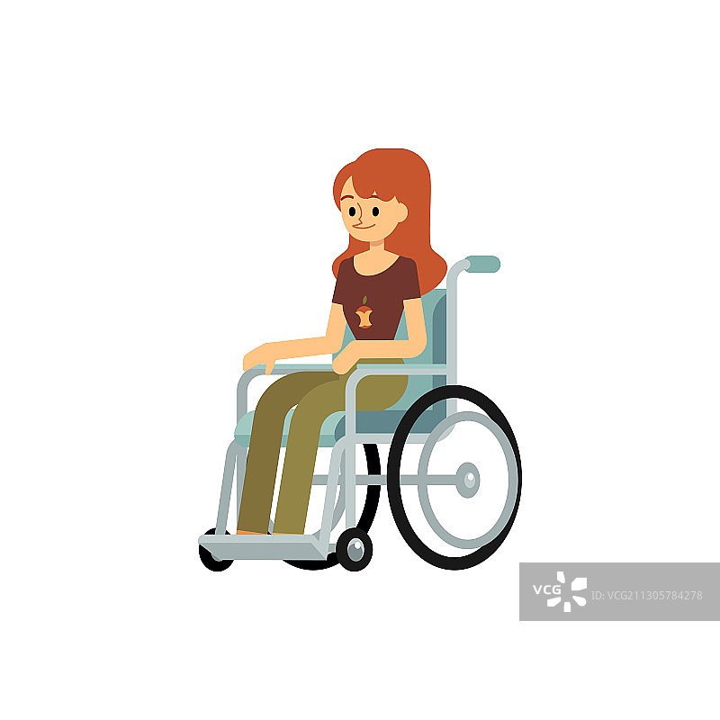 坐在现代轮椅上的残疾红发女孩图片素材
