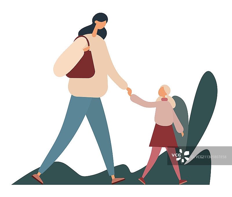母女在公园散步扁平风格图片素材