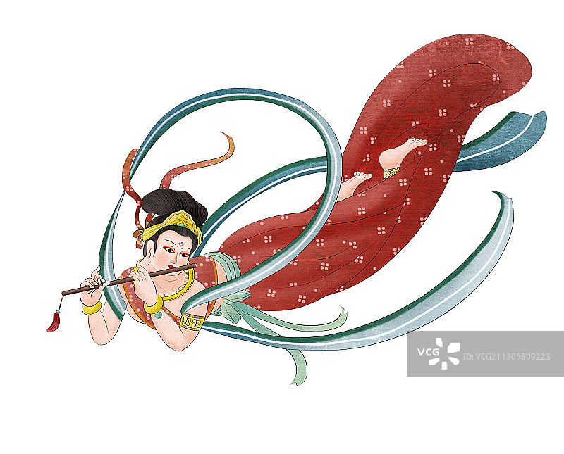 敦煌插画飞天吹笛图片素材