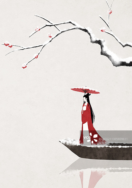中国风冬季梅花雪女子撑伞乘船插画图片素材