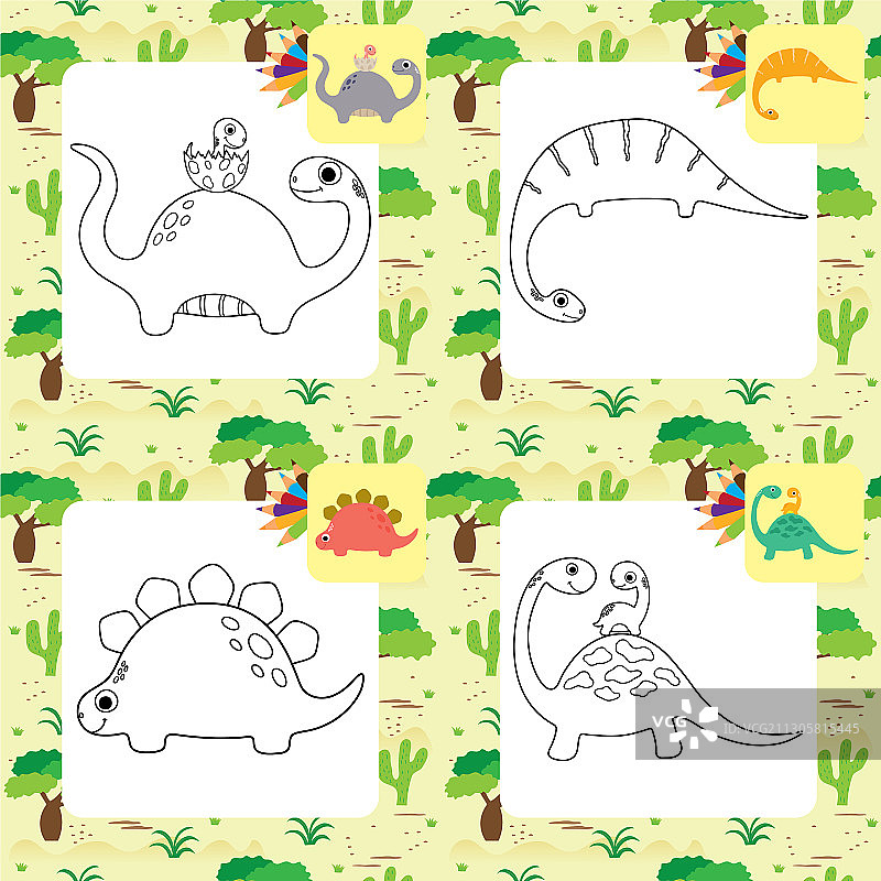 可爱的卡通恐龙涂色页套装图片素材