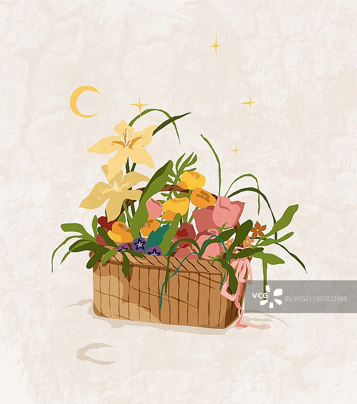 浪漫清新月光下的花篮插画图片素材