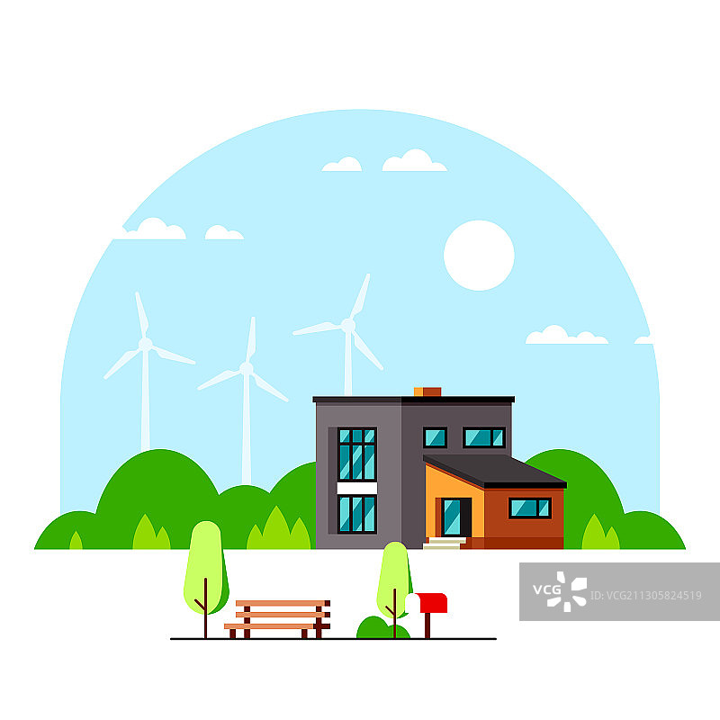 背景带风力涡轮机的现代房屋图片素材