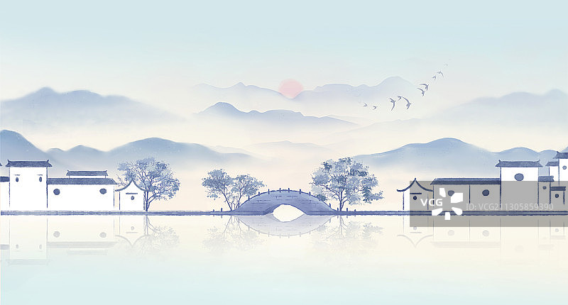古风山水建筑插画图片素材