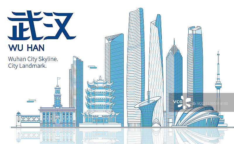 武汉城市天际线矢量地标建筑群插画图片素材