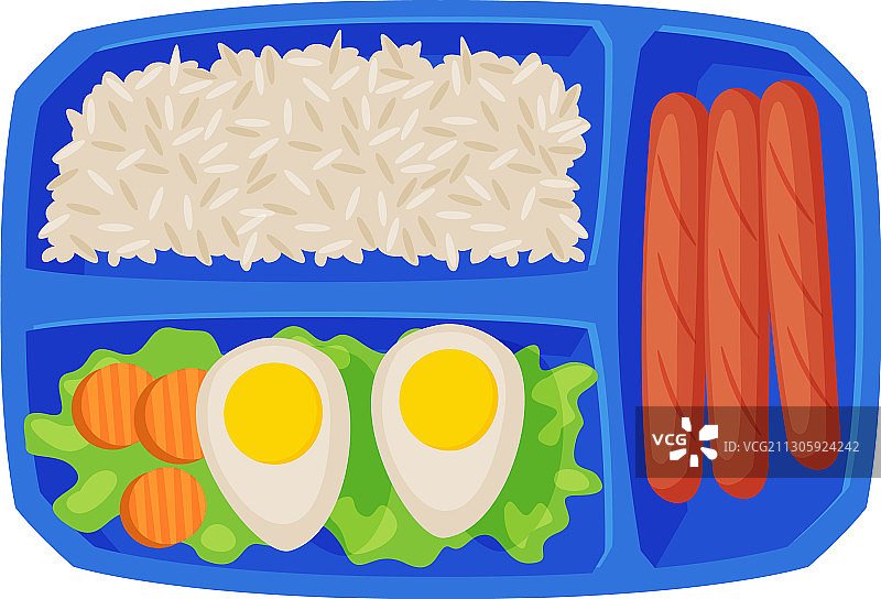 装满鸡蛋米饭和香肠的餐盘图片素材