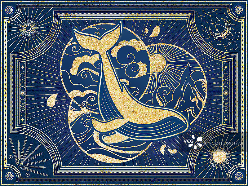 国潮线条风鲸鱼卡牌图腾图片素材