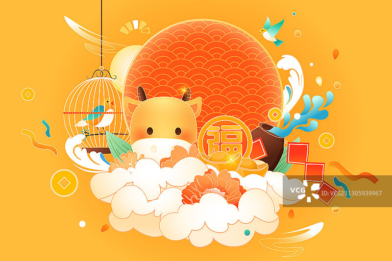 卡通2021年牛年新年春节喜庆元旦年货节送礼中国风矢量插画图片素材