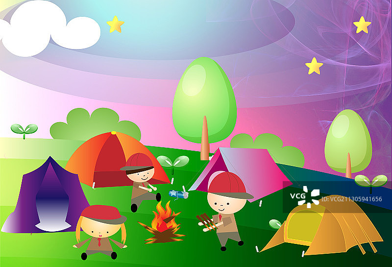 童子军营地的篝火，插图图片素材