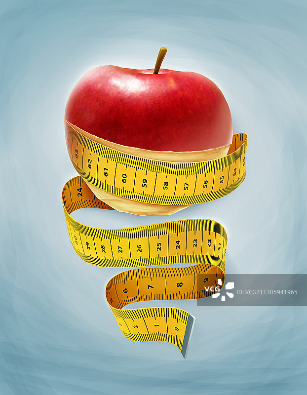 缠绕着卷尺的苹果插画图片素材