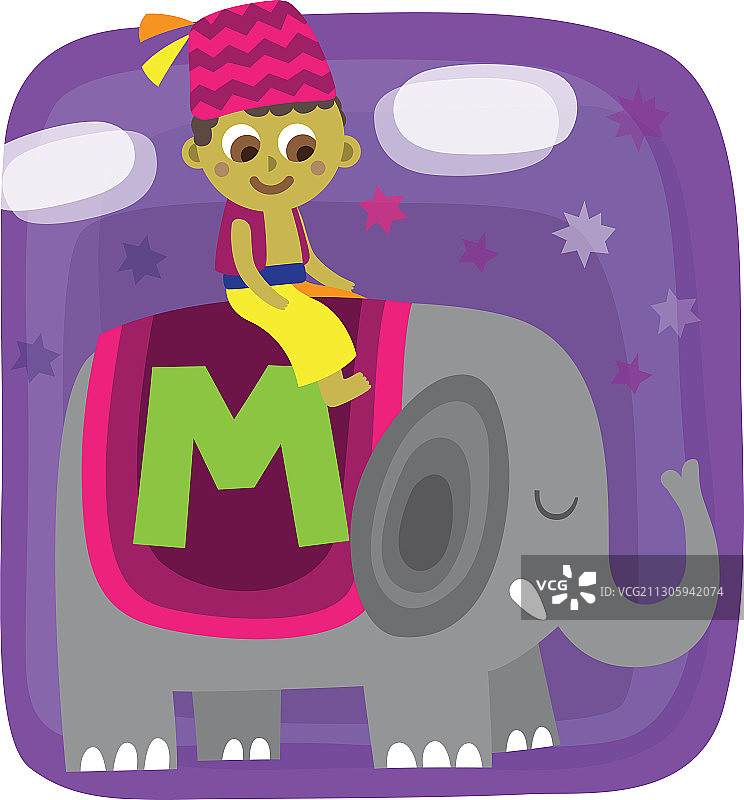 男孩坐在大象上拿着字母M插画图片素材