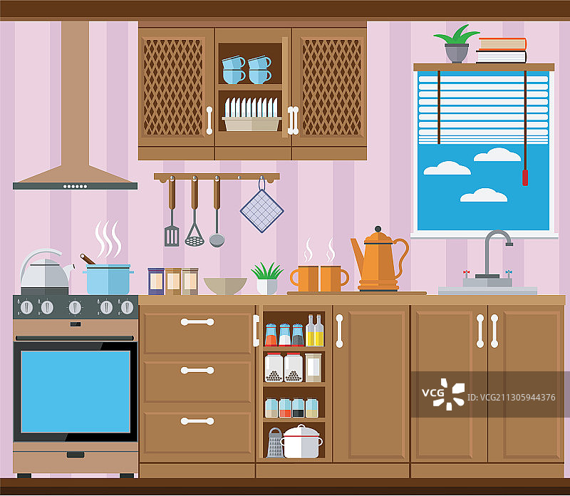 带家具炉灶和窗户的厨房图片素材