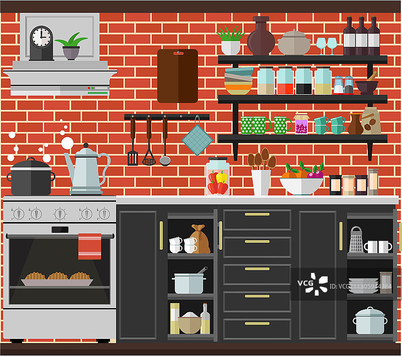 带有燃气灶罩和厨房的舒适厨房图片素材