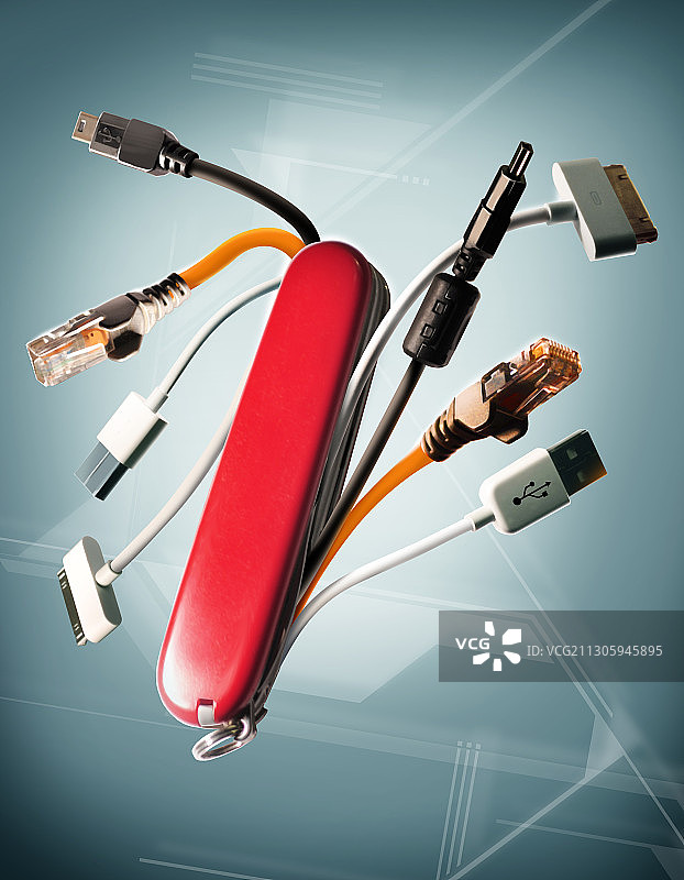 带有各种电脑电缆的钥匙链插画图片素材
