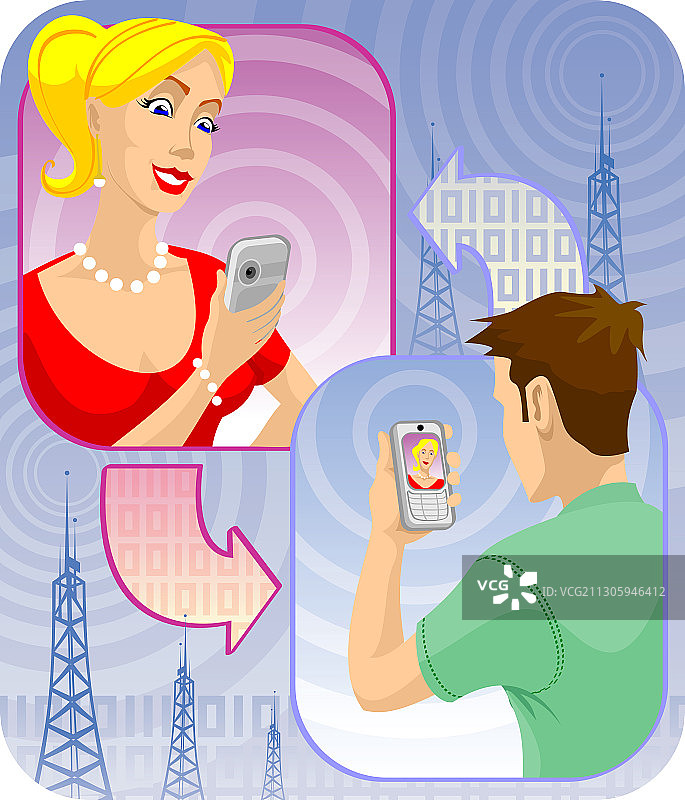 男人通过手机视频聊天，插画图片素材