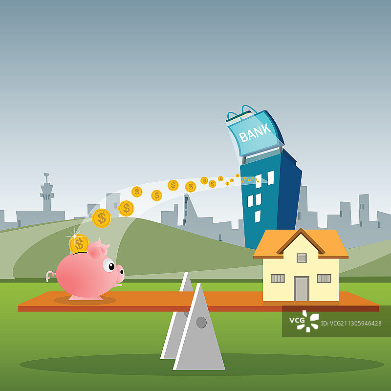 跷跷板上的房屋模型和储蓄罐插图图片素材