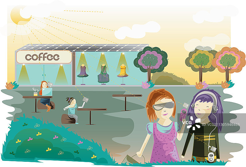 太阳能咖啡馆的人们，插画图片素材