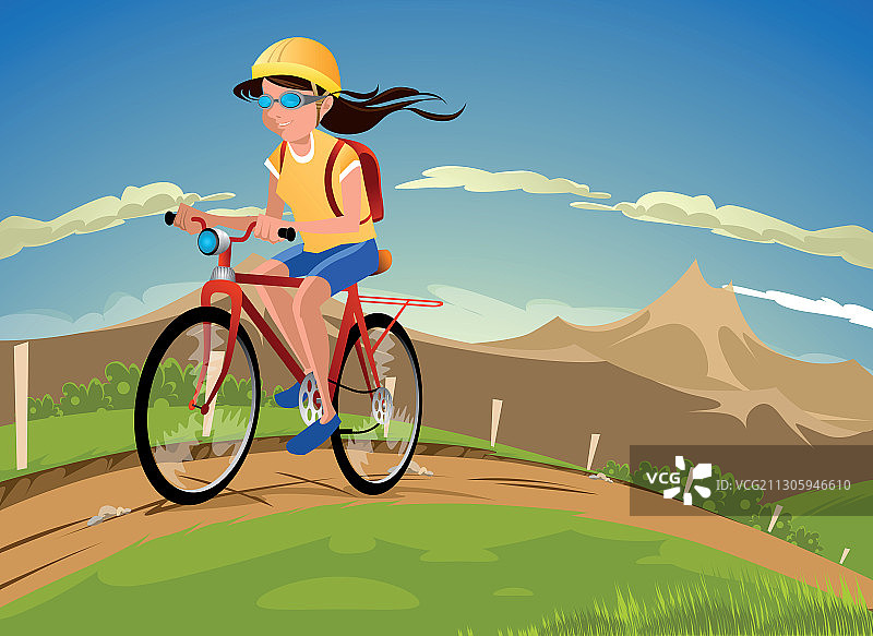 女子骑山地自行车插画图片素材