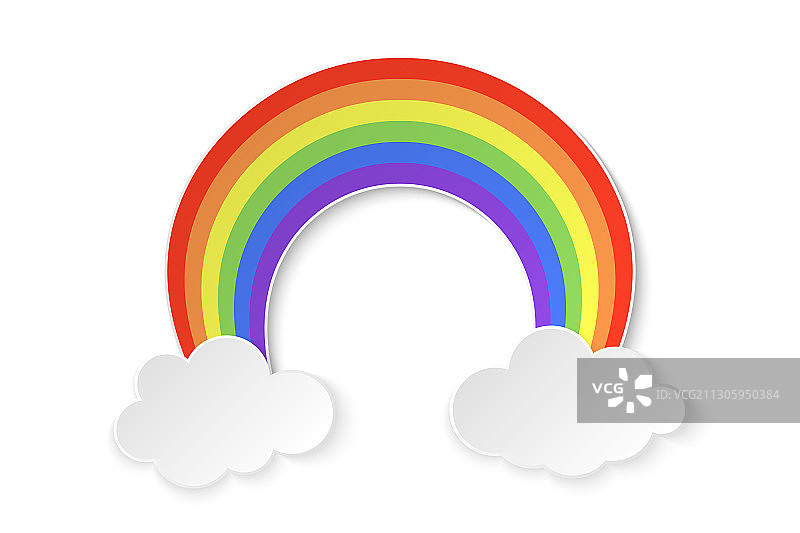 白色背景上带云朵的彩色彩虹图片素材
