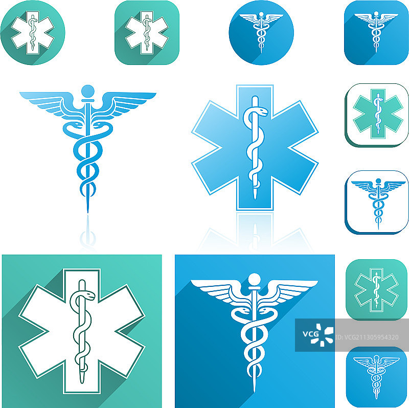 蛇杖和阿斯克勒庇俄斯之杖图标集图片素材