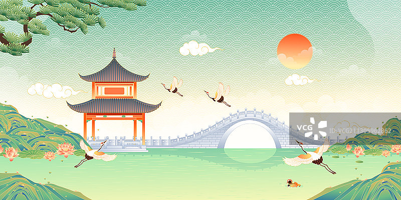 中国风公园古亭矢量插画图片素材