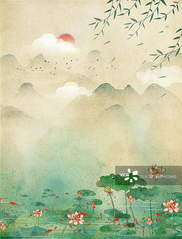 禅意工笔仿古荷花飞鹤山水画图片素材
