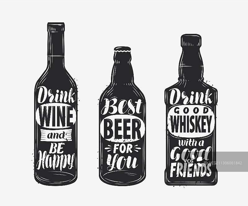 含酒精饮料和激励语的瓶子图片素材