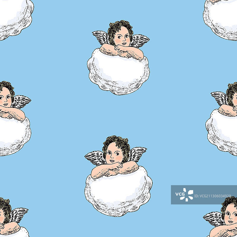 无缝图案：云朵上的小天使图片素材